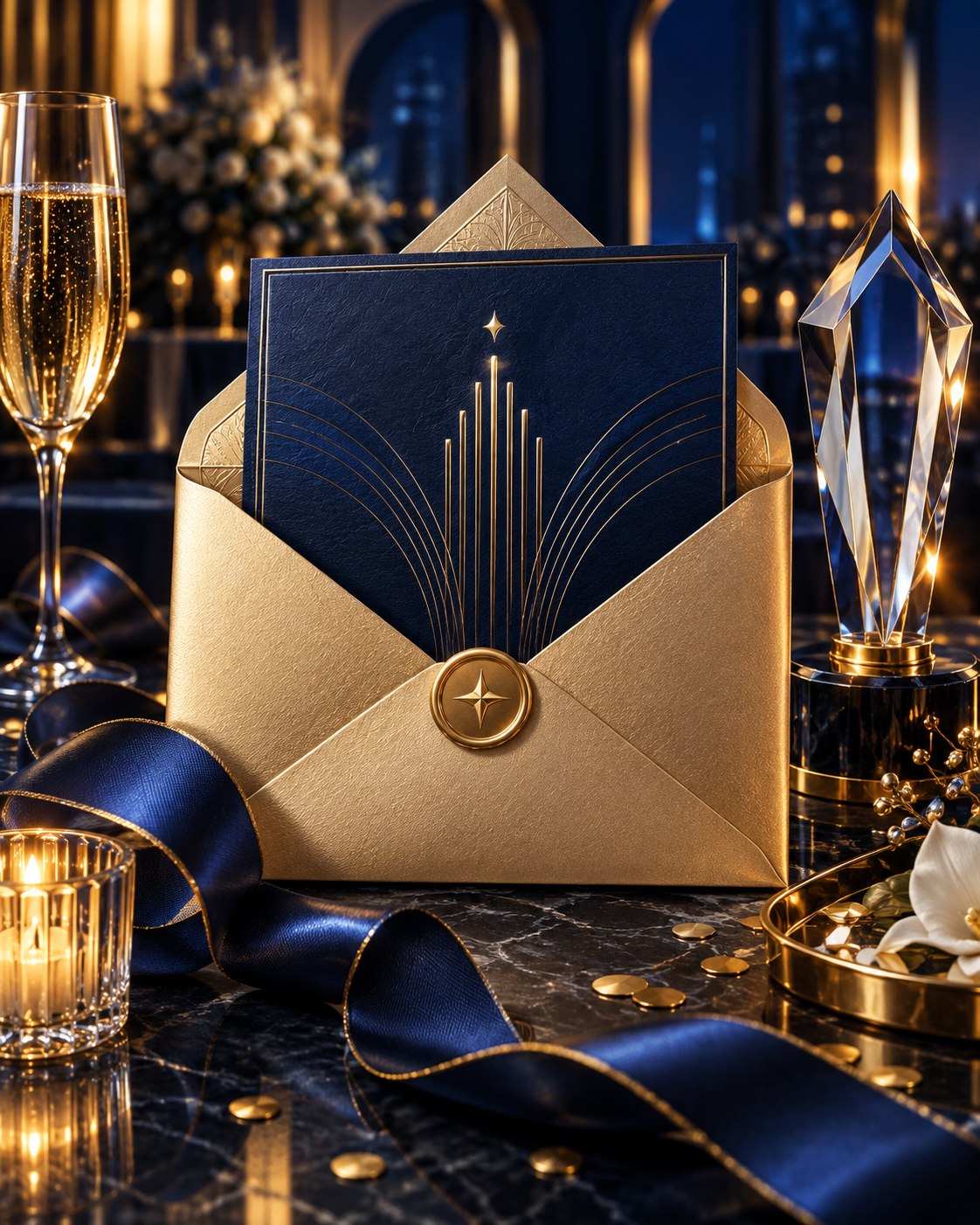 Concepto con IA: invitación de gala azul y dorada junto a un premio de cristal
