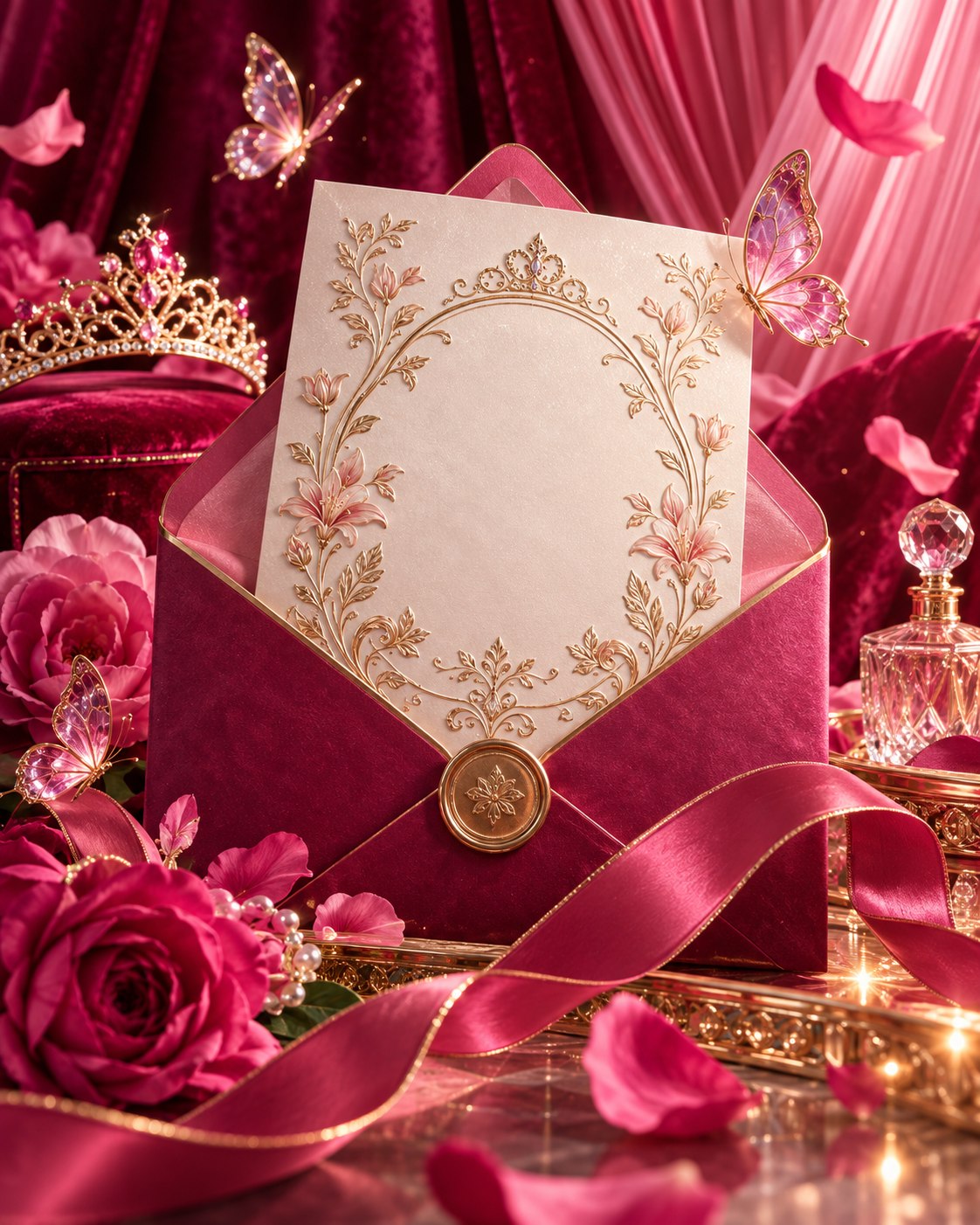 Concepto con IA: invitación frambuesa, tiara dorada y mariposas de cristal