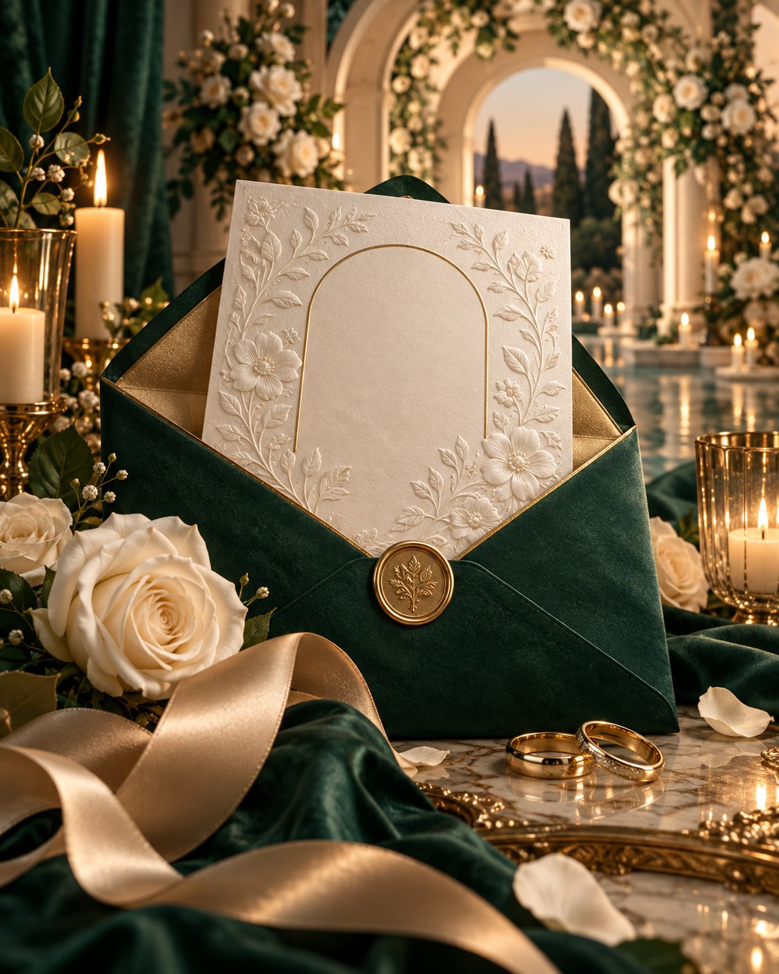 Concepto con IA: invitación marfil, terciopelo esmeralda, rosas y anillos